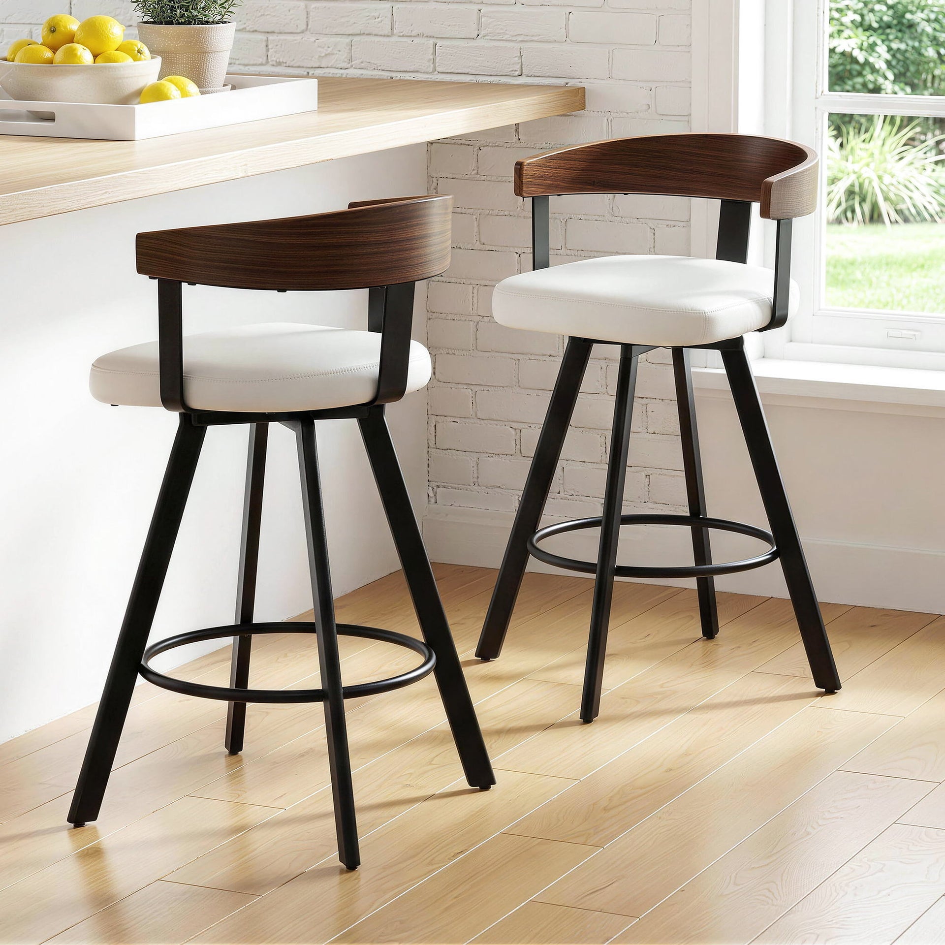 2x Artiss Bar Stools Swivel Kitchen Chairs Metal Legs Bentwood Counter White PU Awezingly