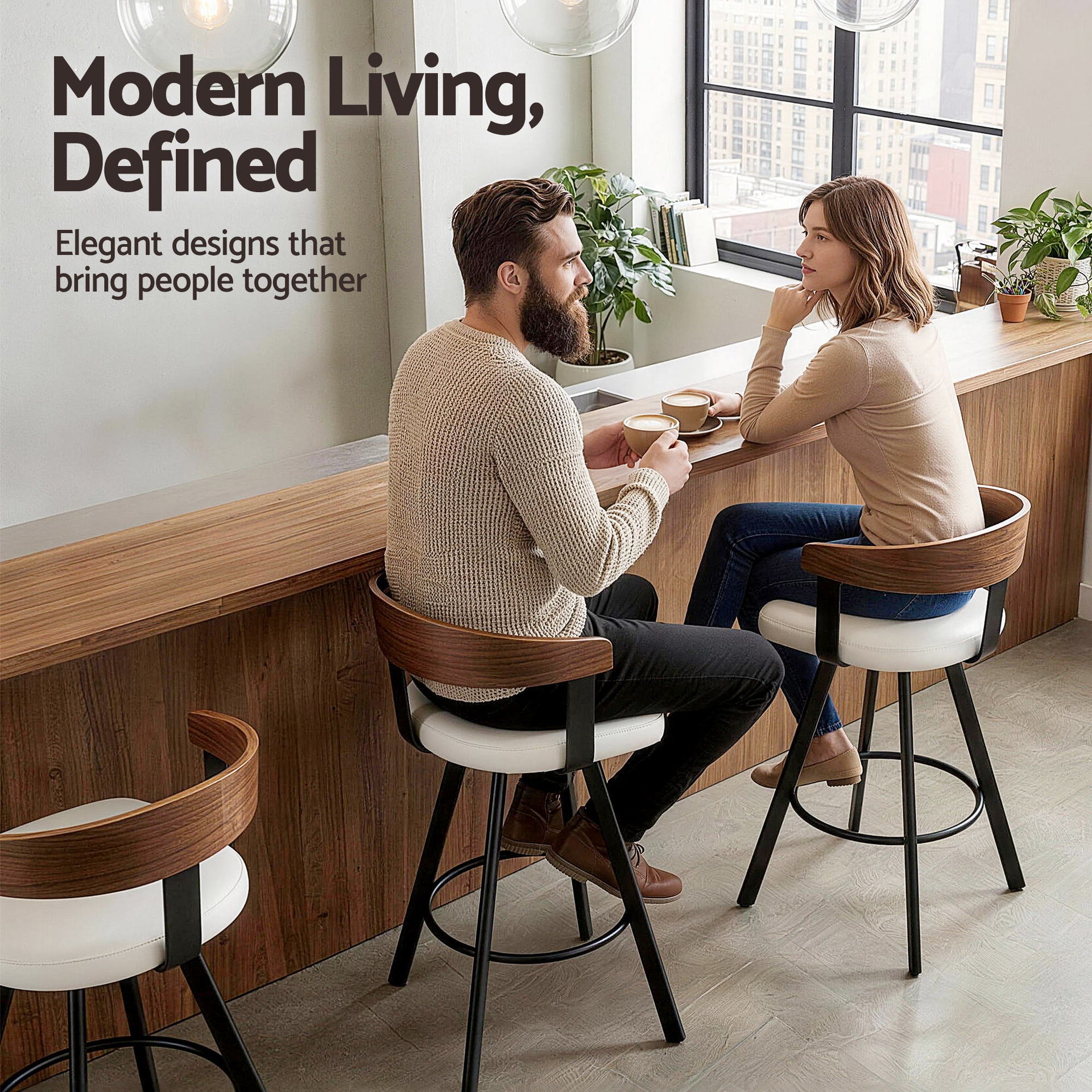 4x Artiss Bar Stools Swivel Kitchen Chairs Metal Legs Bentwood Counter White PU Awezingly