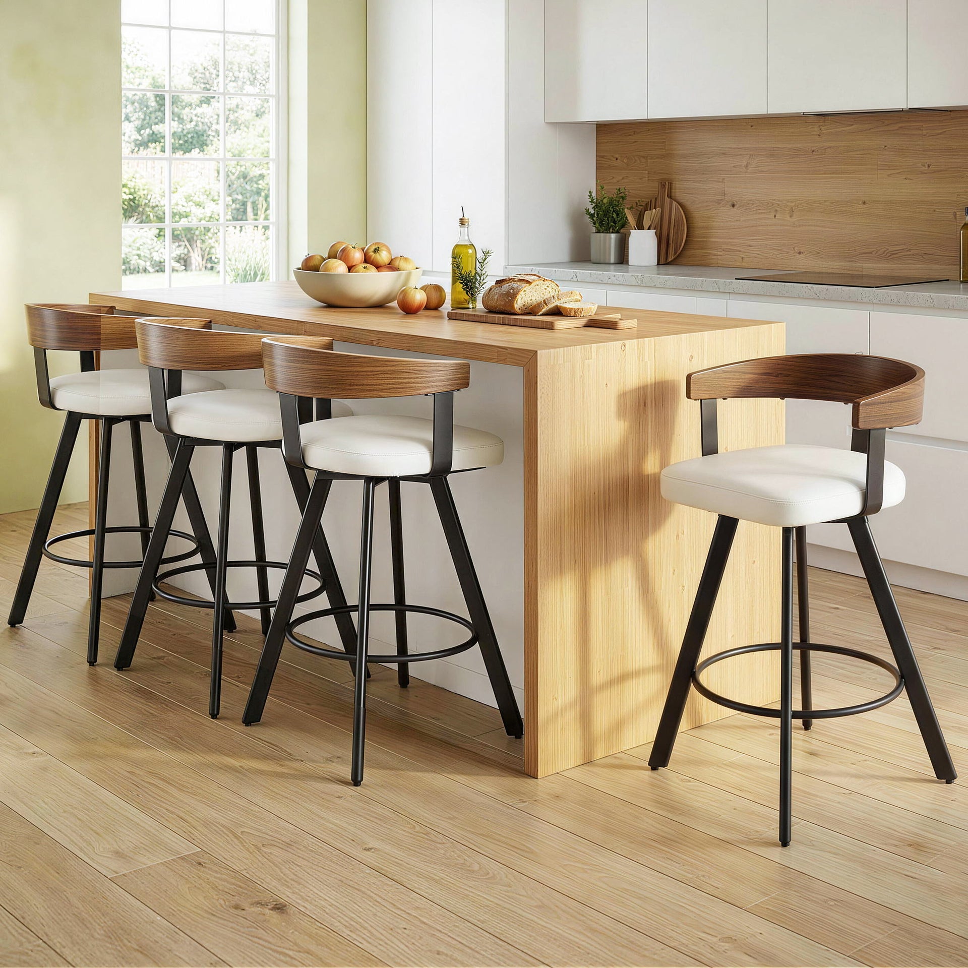 4x Artiss Bar Stools Swivel Kitchen Chairs Metal Legs Bentwood Counter White PU Awezingly