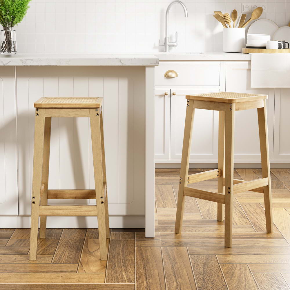 Artiss 2x Bar Stools Rubber Wood Stool Counter Chair Rattan Barstools Kitchen Artiss