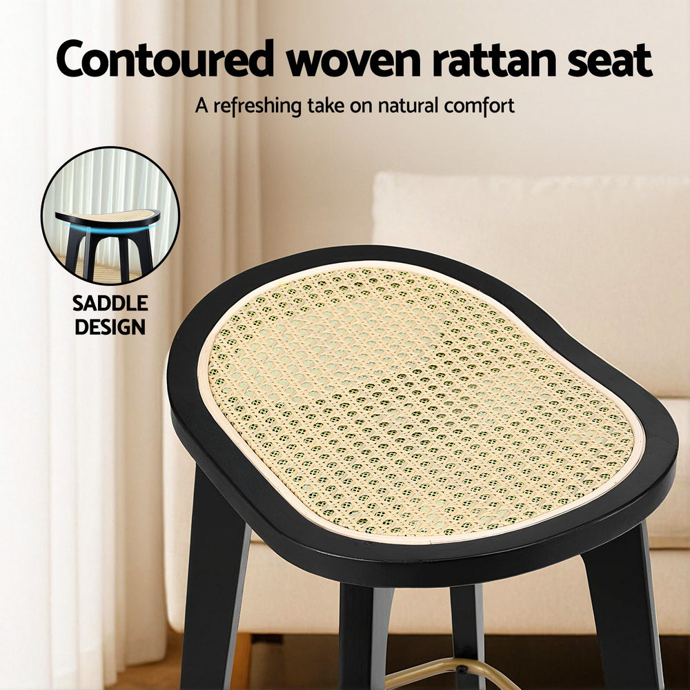 Artiss 2x Bar Stools Rattan Counter Kitchen Dinning Chair Bamboo Saddle Black Awezingly