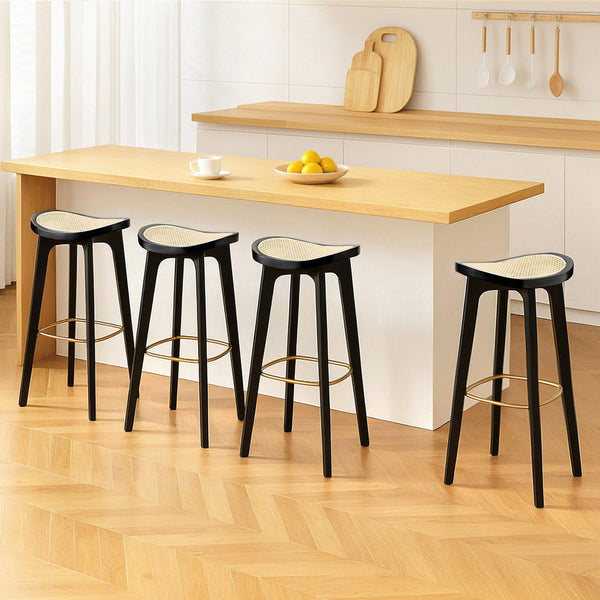 Artiss 4x Bar Stools Rattan Counter Kitchen Dinning Chair Bamboo Saddle Black Awezingly