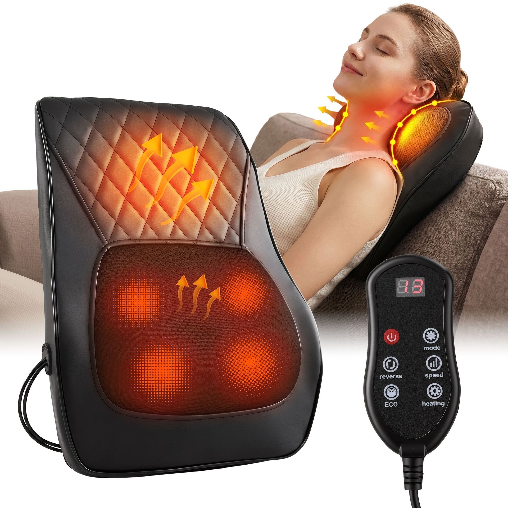 Livemor Back Massager with Heat and Traction, Neck and Shoulder Massage Pillow, Ergonomic Backrest for Office Chair & Sofa, Lumbar Support Cushion with 2-Level Thermal Relief, 6 Modes for Cervical & Full Body Pain Relief, Large Awezingly