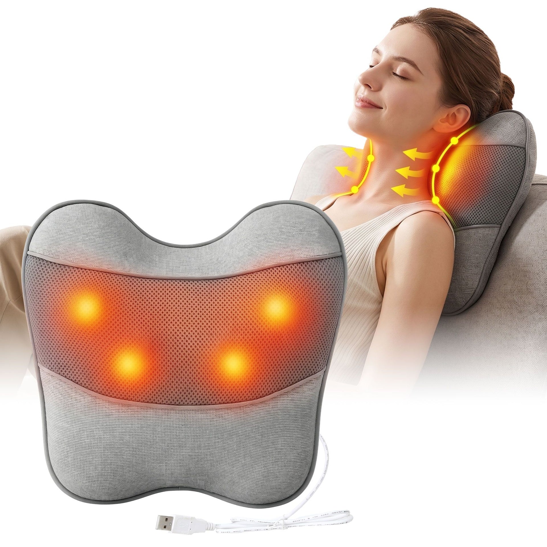 Livemor Back Massager with Heat, USB Neck and Shoulder Massage Pillow, 3-Speed Ergonomic Lumbar Support Cushion for Office Chair, Portable Muscle Relief for Back, Thigh & Calf, Grey Awezingly