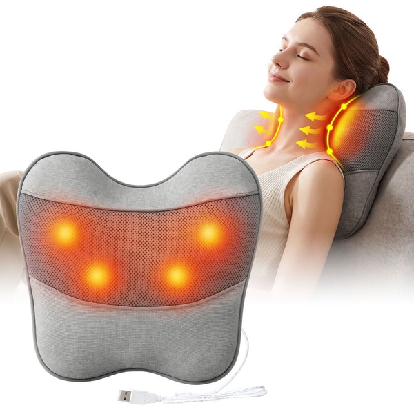 Livemor Back Massager with Heat, USB Neck and Shoulder Massage Pillow, 3-Speed Ergonomic Lumbar Support Cushion for Office Chair, Portable Muscle Relief for Back, Thigh & Calf, Grey Awezingly