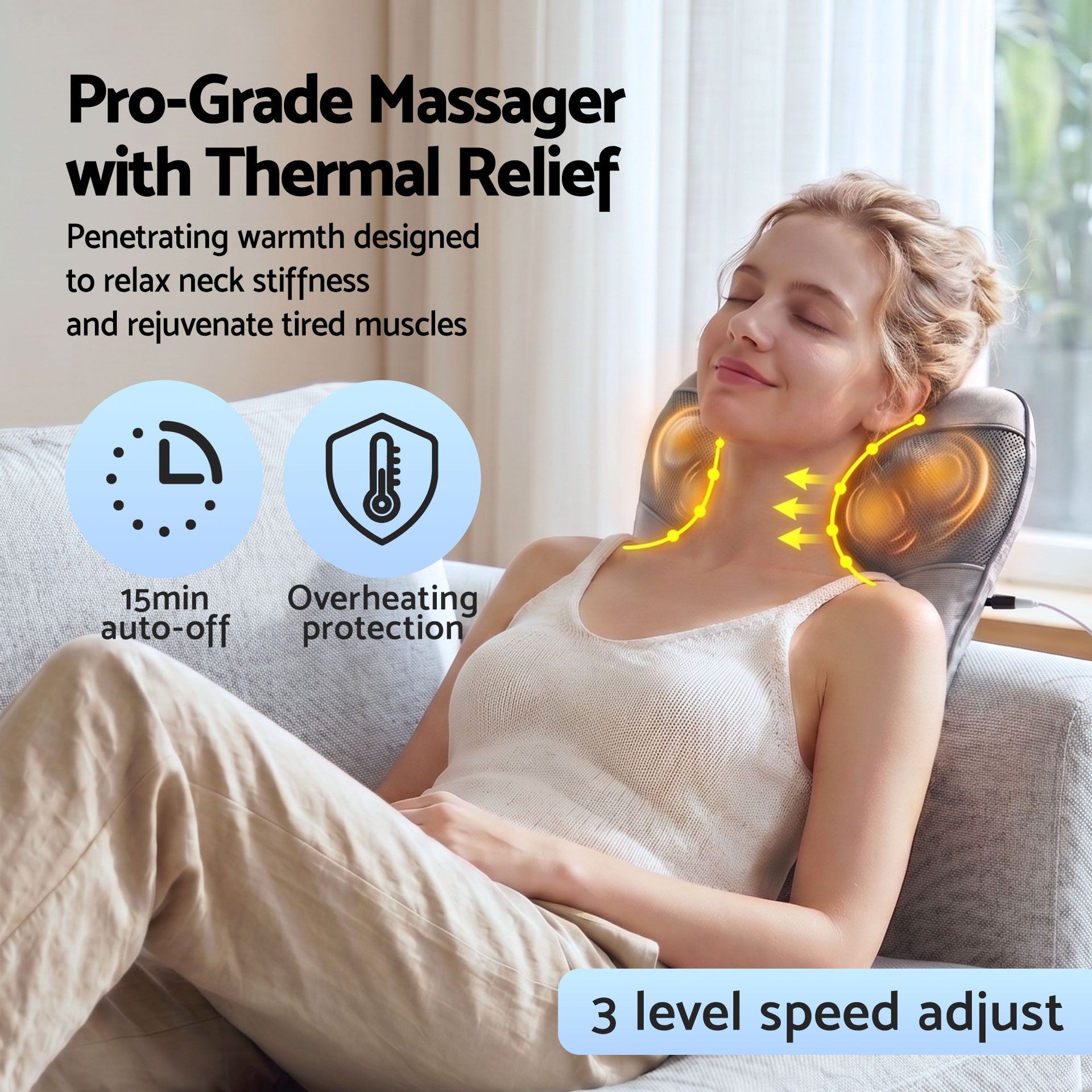 Livemor Back Massager with Heat, USB Neck and Shoulder Massage Pillow, 3-Speed Ergonomic Lumbar Support Cushion for Office Chair, Portable Muscle Relief for Back, Thigh & Calf, Grey Awezingly