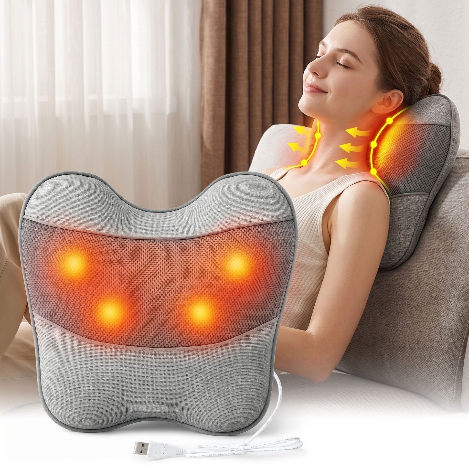 Livemor Back Massager with Heat, USB Neck and Shoulder Massage Pillow, 3-Speed Ergonomic Lumbar Support Cushion for Office Chair, Portable Muscle Relief for Back, Thigh & Calf, Grey Awezingly