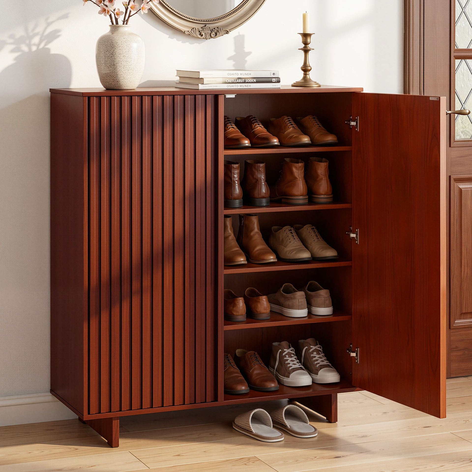 Artiss Shoe Cabinet 5 Tier Storage Organiser w/ Adjustable Shelves Bamboo Awezingly