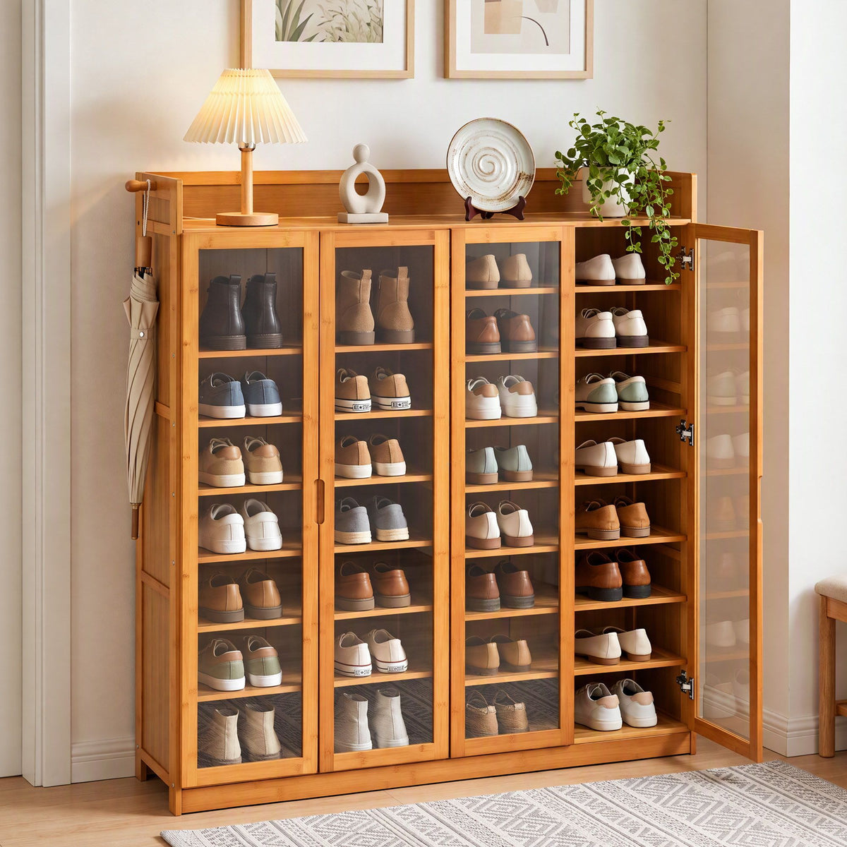 Artiss Shoe Cabinet 25 Pairs Shoe Storage Cupboard Umbrella Hook Raised Top Edge Wood Awezingly