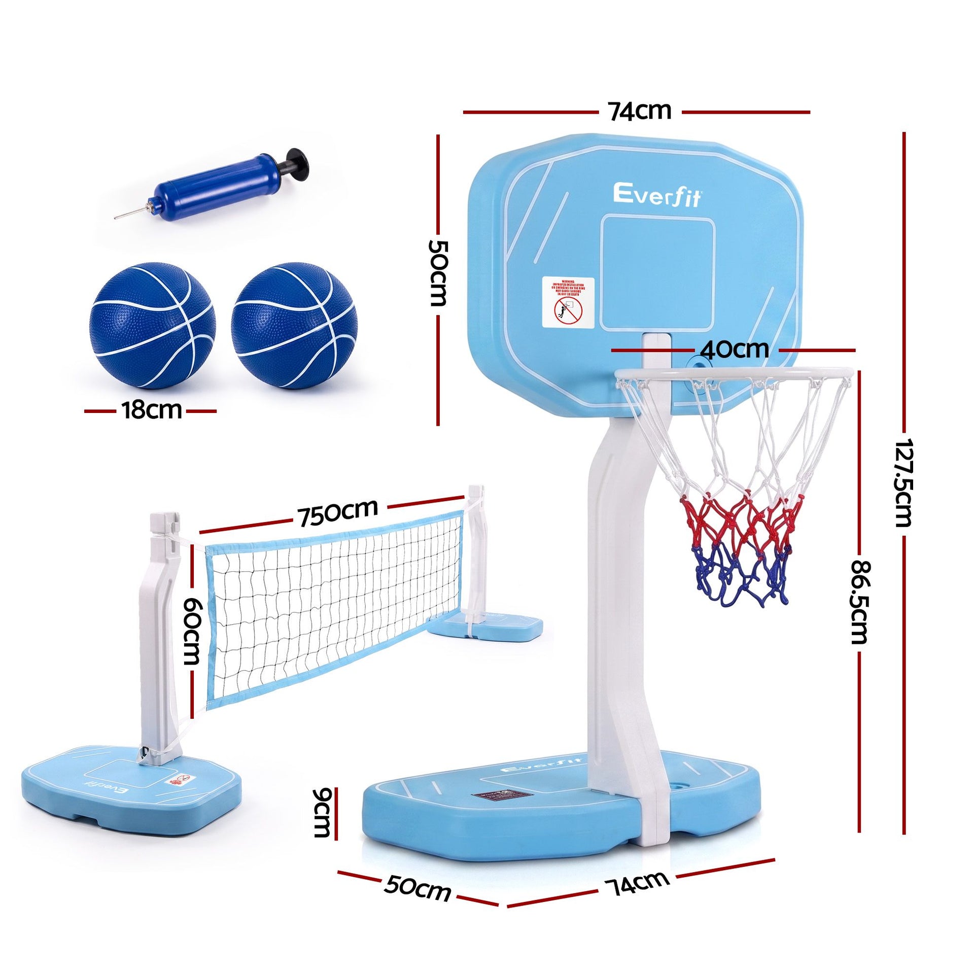 Everfit 2 in 1 Pool Basketball Hoop Volleyball Net Set Water Sports Game Combo Weighted Base Blue Awezingly
