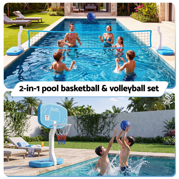 Everfit 2 in 1 Pool Basketball Hoop Volleyball Net Set Water Sports Game Combo Weighted Base Blue Awezingly