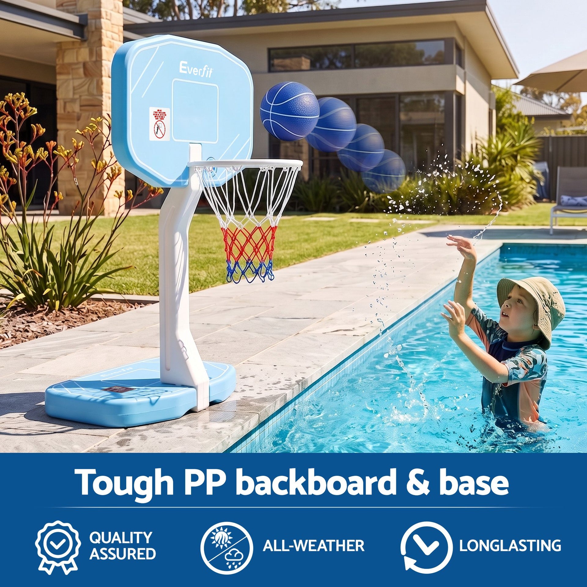 Everfit 2 in 1 Pool Basketball Hoop Volleyball Net Set Water Sports Game Combo Weighted Base Blue Awezingly