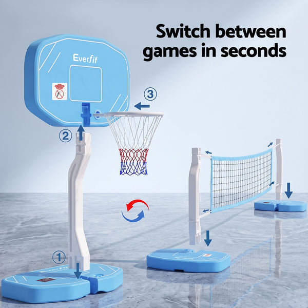 Everfit 2 in 1 Pool Basketball Hoop Volleyball Net Set Water Sports Game Combo Weighted Base Blue Awezingly