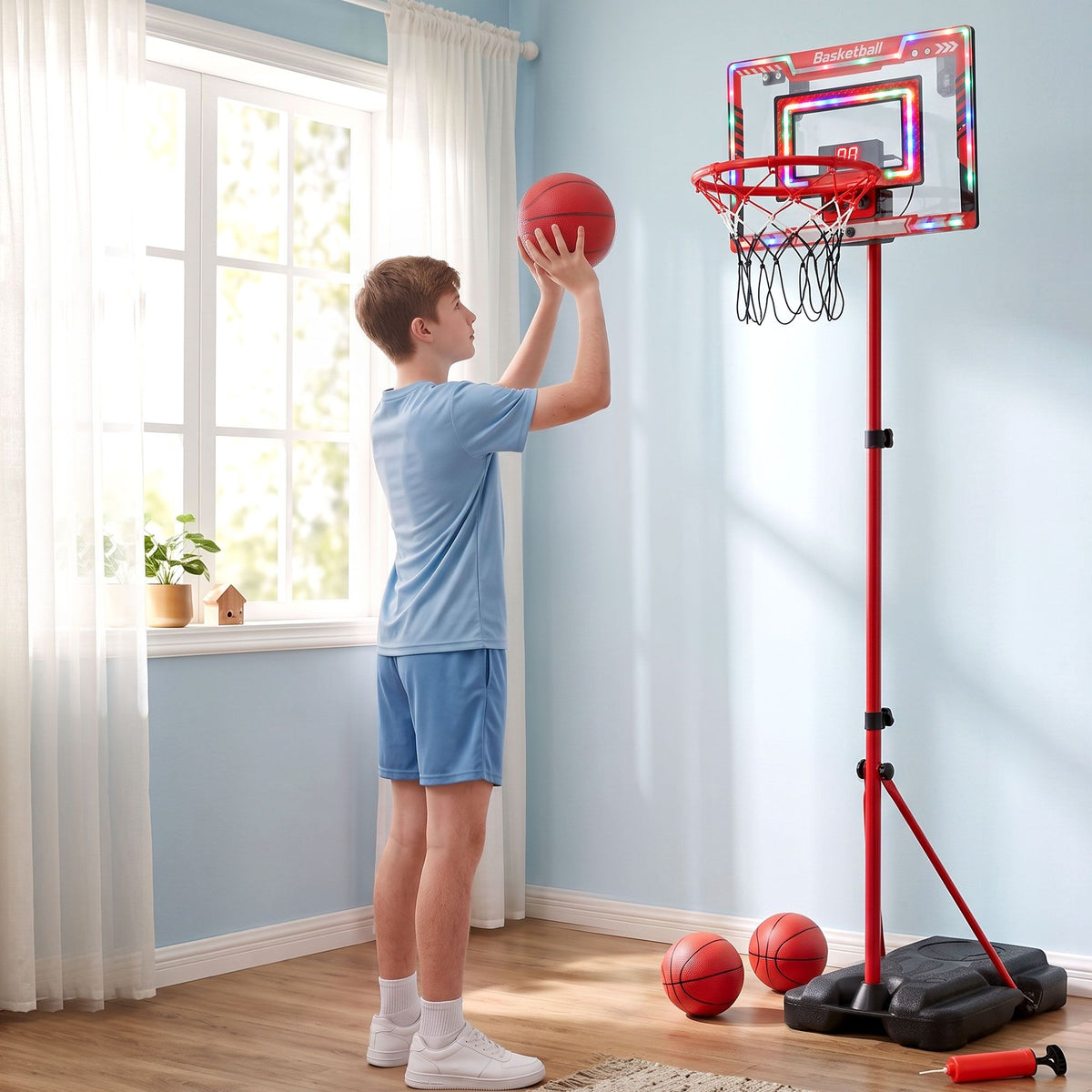 Everfit 2 in 1 Kids Basketball Hoop Adjustable Stand Over Door Scoreboard Red Awezingly