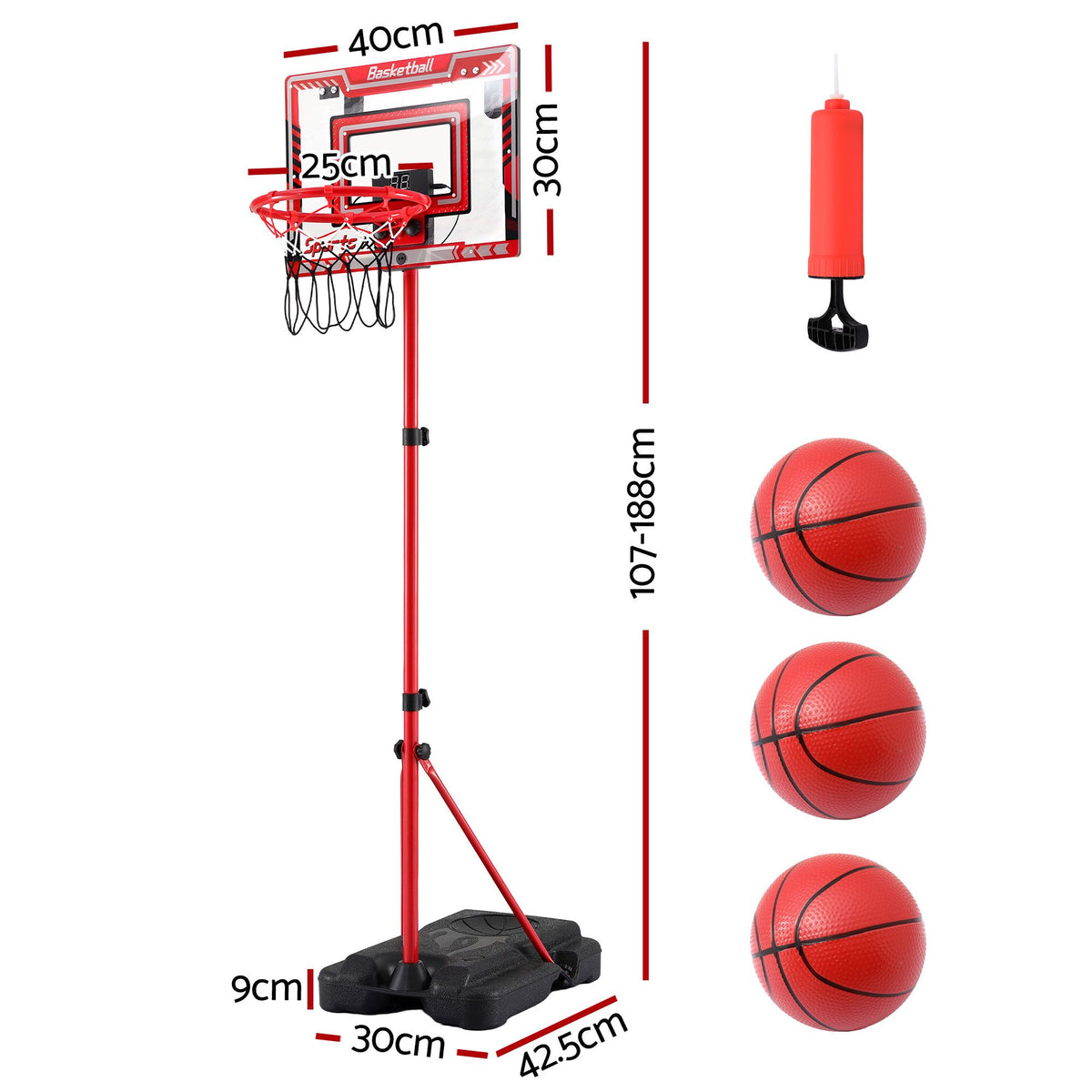 Everfit 2 in 1 Kids Basketball Hoop Adjustable Stand Over Door Scoreboard Red Awezingly