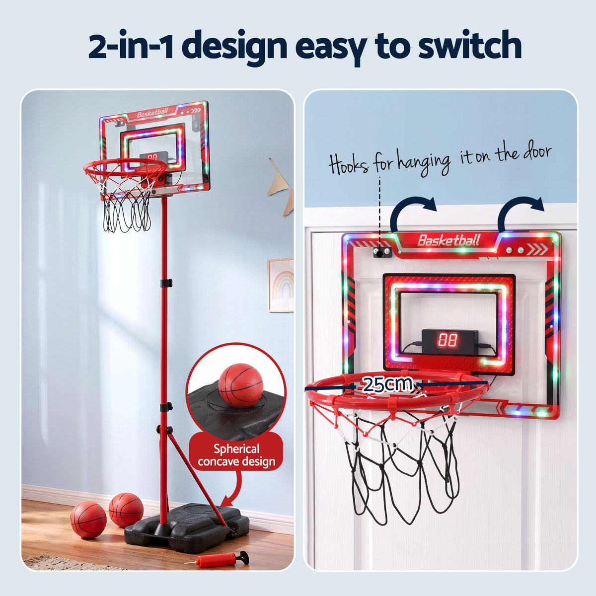 Everfit 2 in 1 Kids Basketball Hoop Adjustable Stand Over Door Scoreboard Red Awezingly