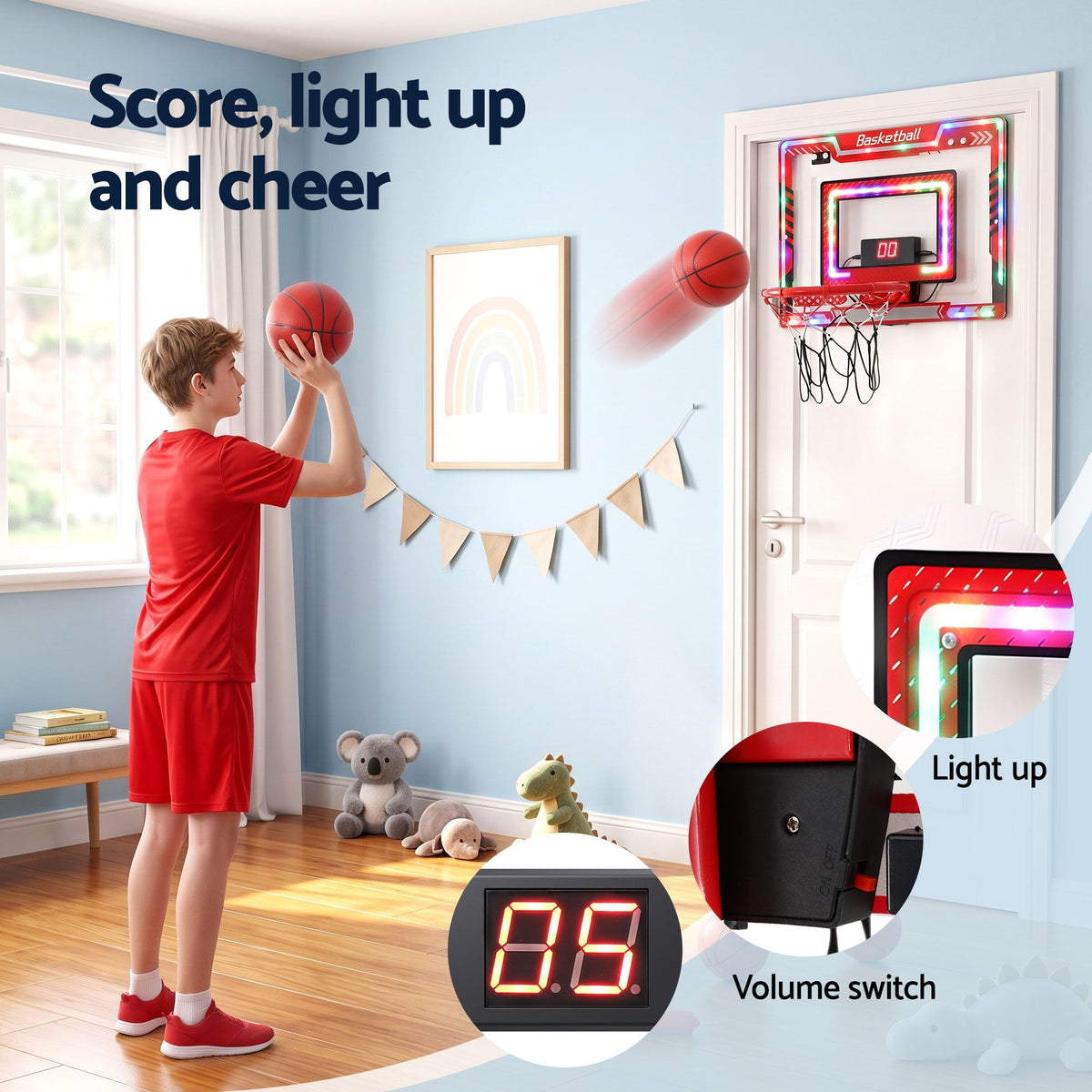 Everfit 2 in 1 Kids Basketball Hoop Adjustable Stand Over Door Scoreboard Red Awezingly