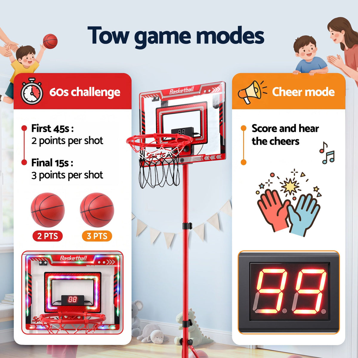 Everfit 2 in 1 Kids Basketball Hoop Adjustable Stand Over Door Scoreboard Red Awezingly