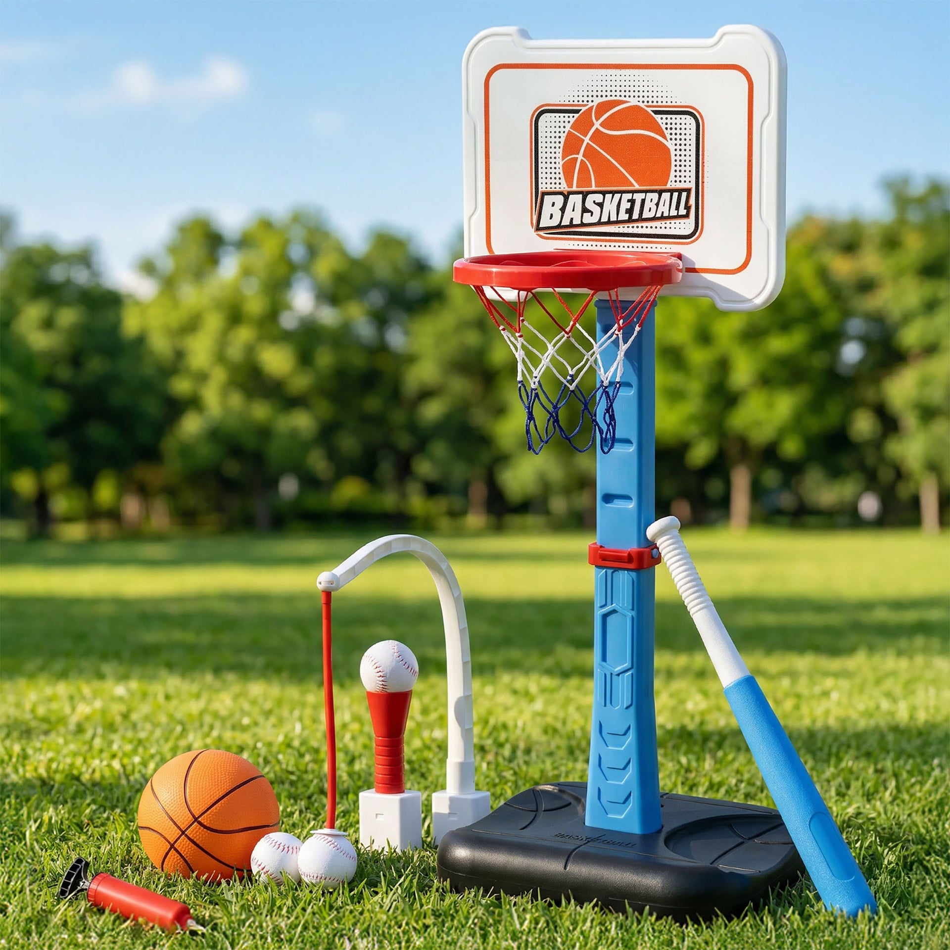Keezi Kids Basketball Hoop Stand Baseball Set Adjustable Height Sports Toys Blue Awezingly