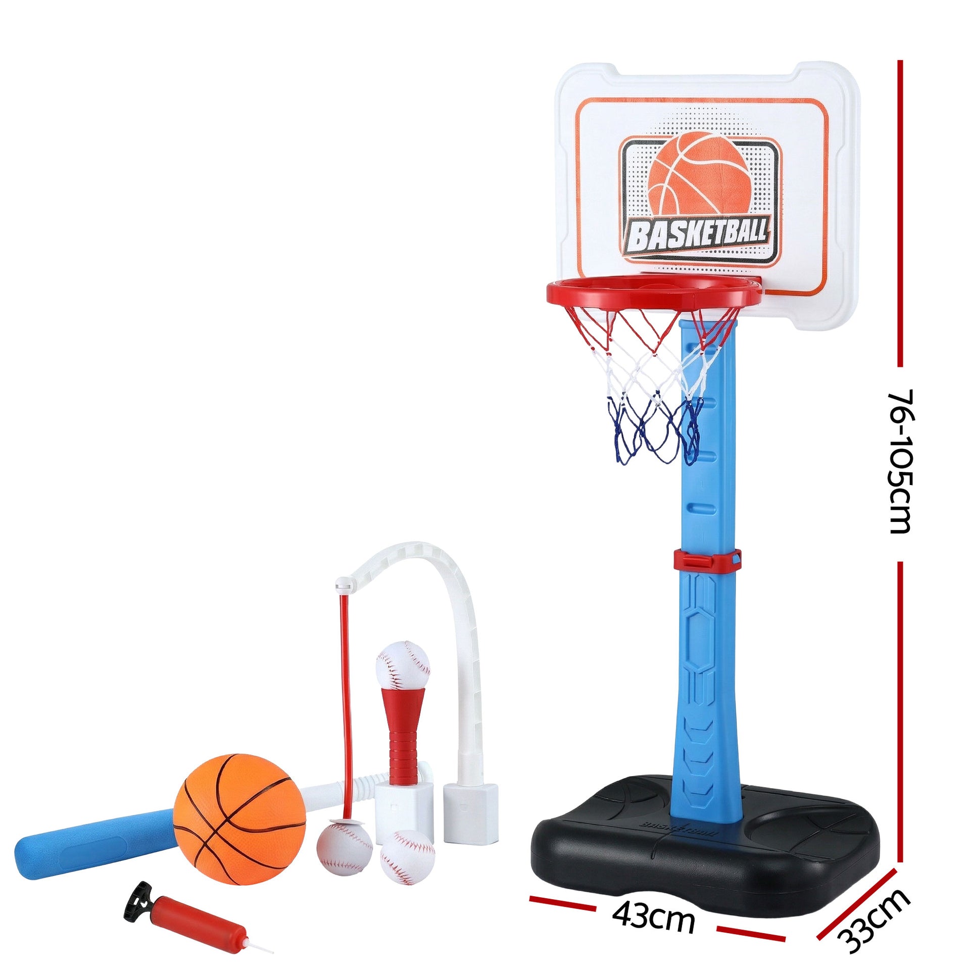 Keezi Kids Basketball Hoop Stand Baseball Set Adjustable Height Sports Toys Blue Awezingly