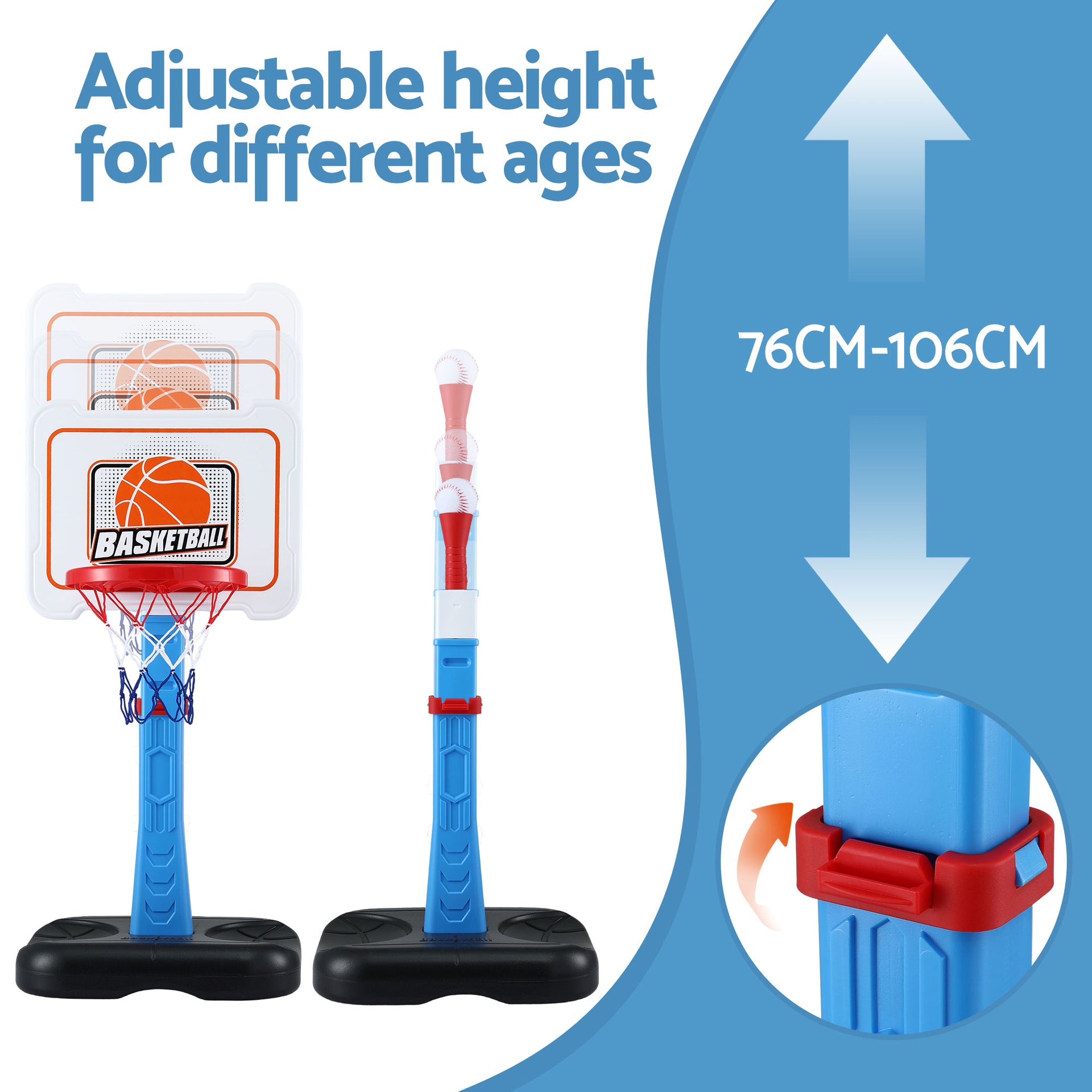 Keezi Kids Basketball Hoop Stand Baseball Set Adjustable Height Sports Toys Blue Awezingly