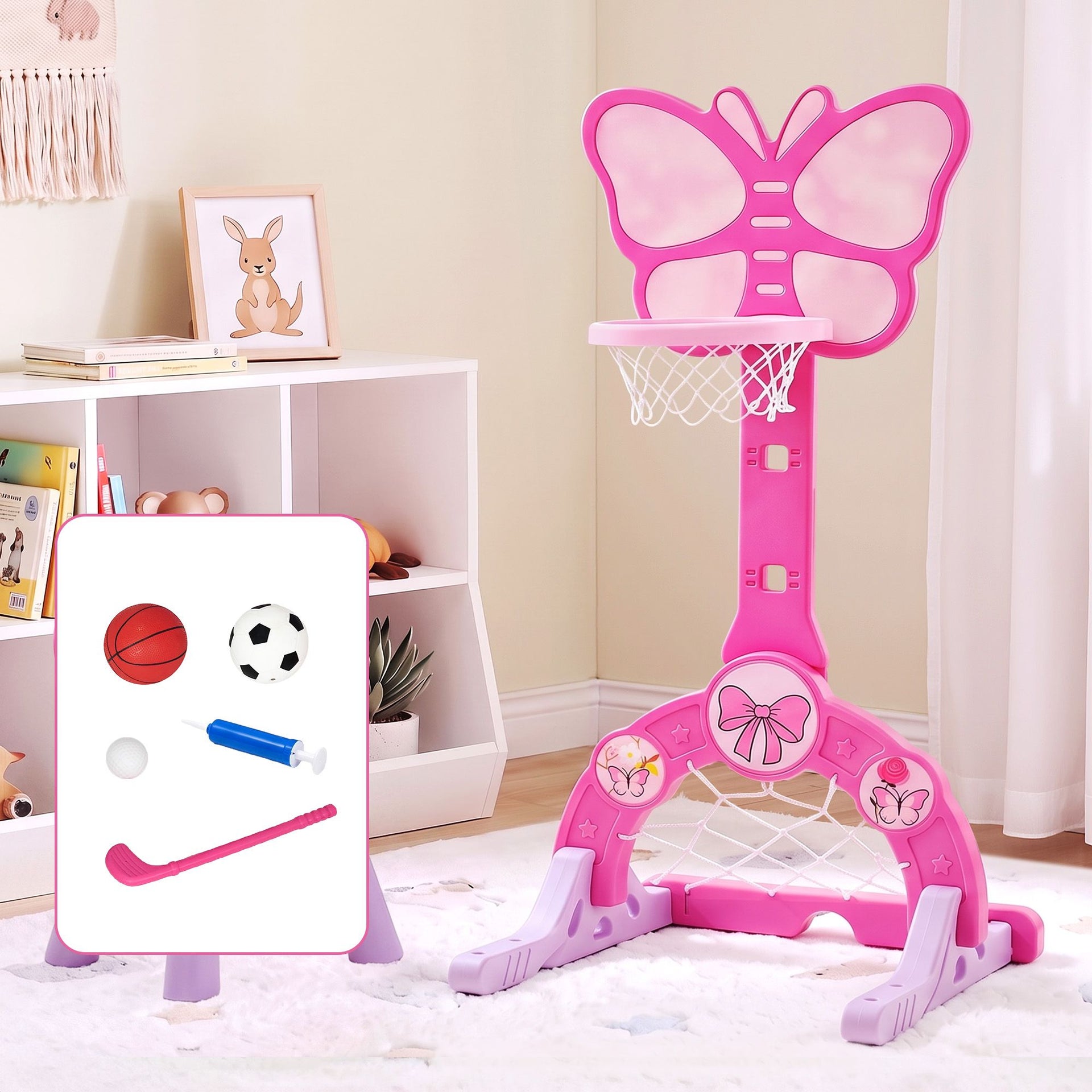 Keezi 3-in-1 Kids Basketball Hoop Soccer Goal Golf Game Set with Balls Pink Awezingly