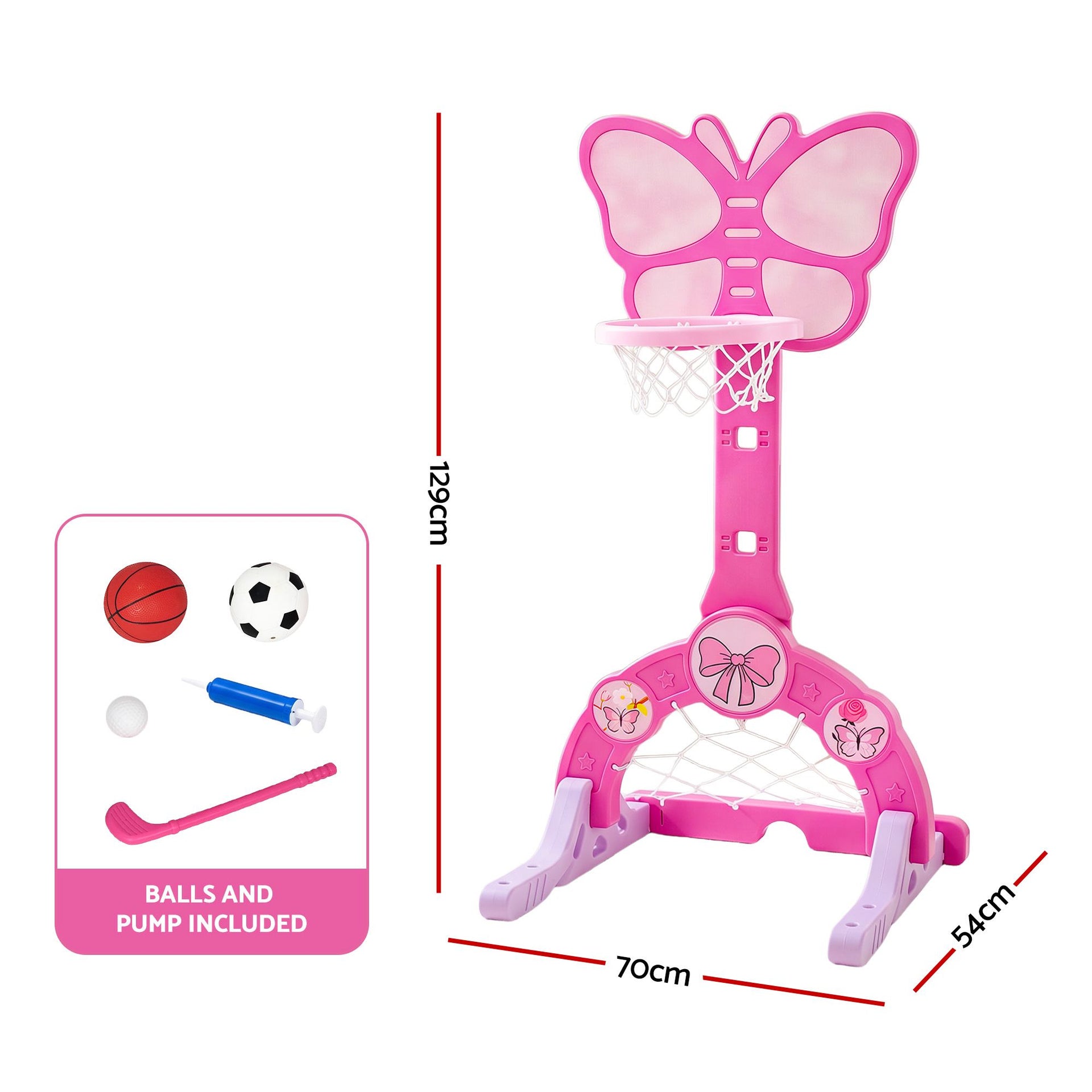 Keezi 3-in-1 Kids Basketball Hoop Soccer Goal Golf Game Set with Balls Pink Awezingly