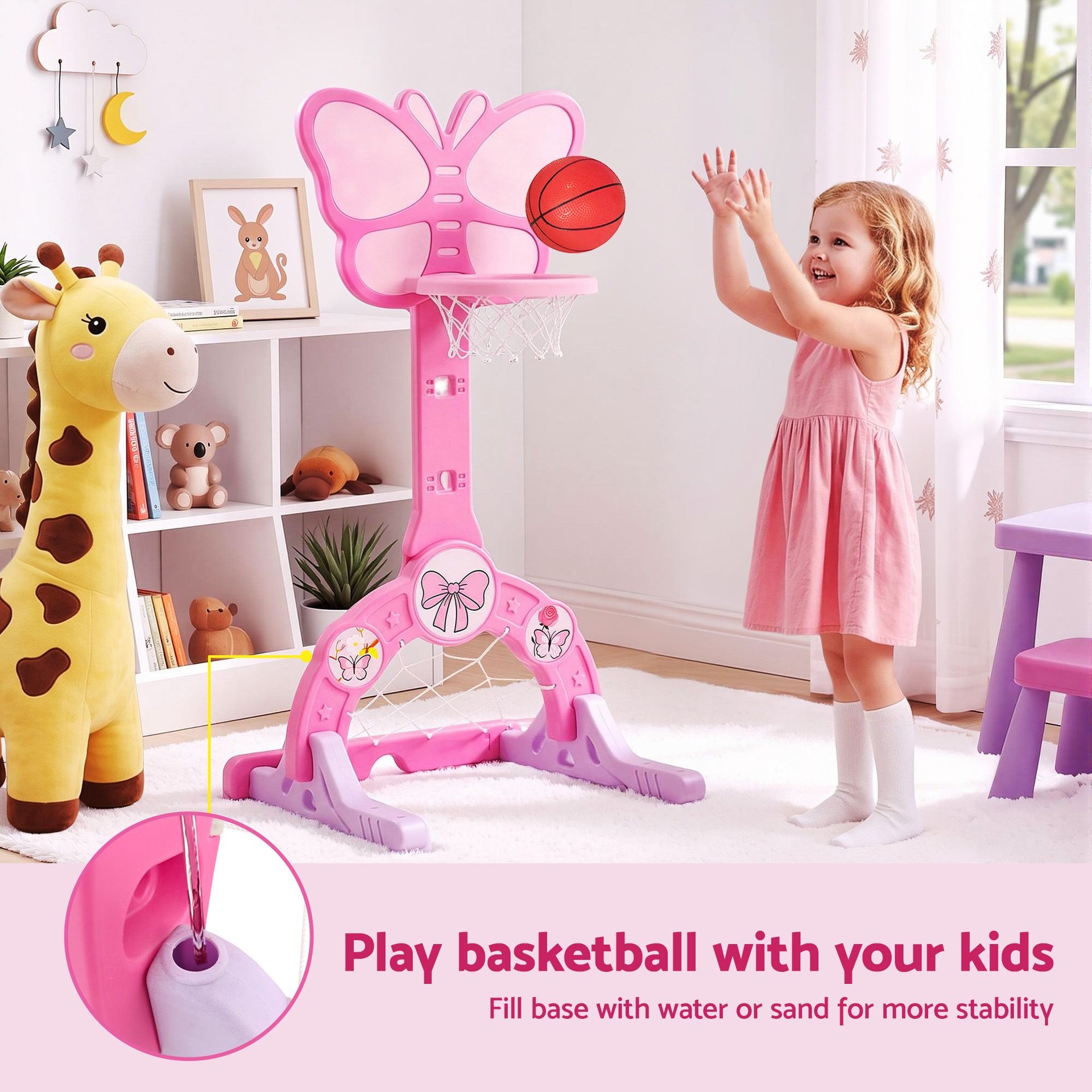 Keezi 3-in-1 Kids Basketball Hoop Soccer Goal Golf Game Set with Balls Pink Awezingly