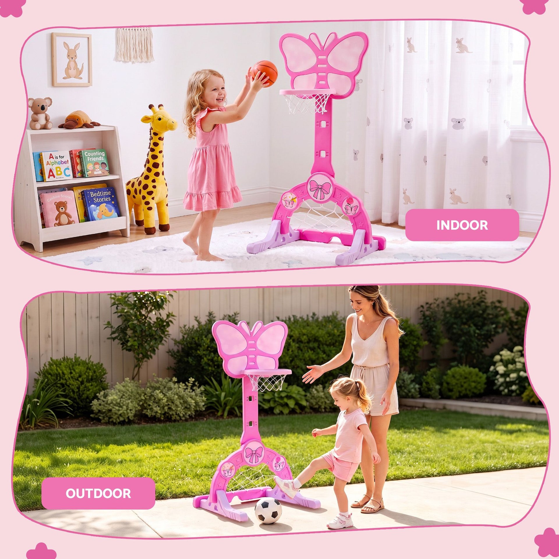 Keezi 3-in-1 Kids Basketball Hoop Soccer Goal Golf Game Set with Balls Pink Awezingly