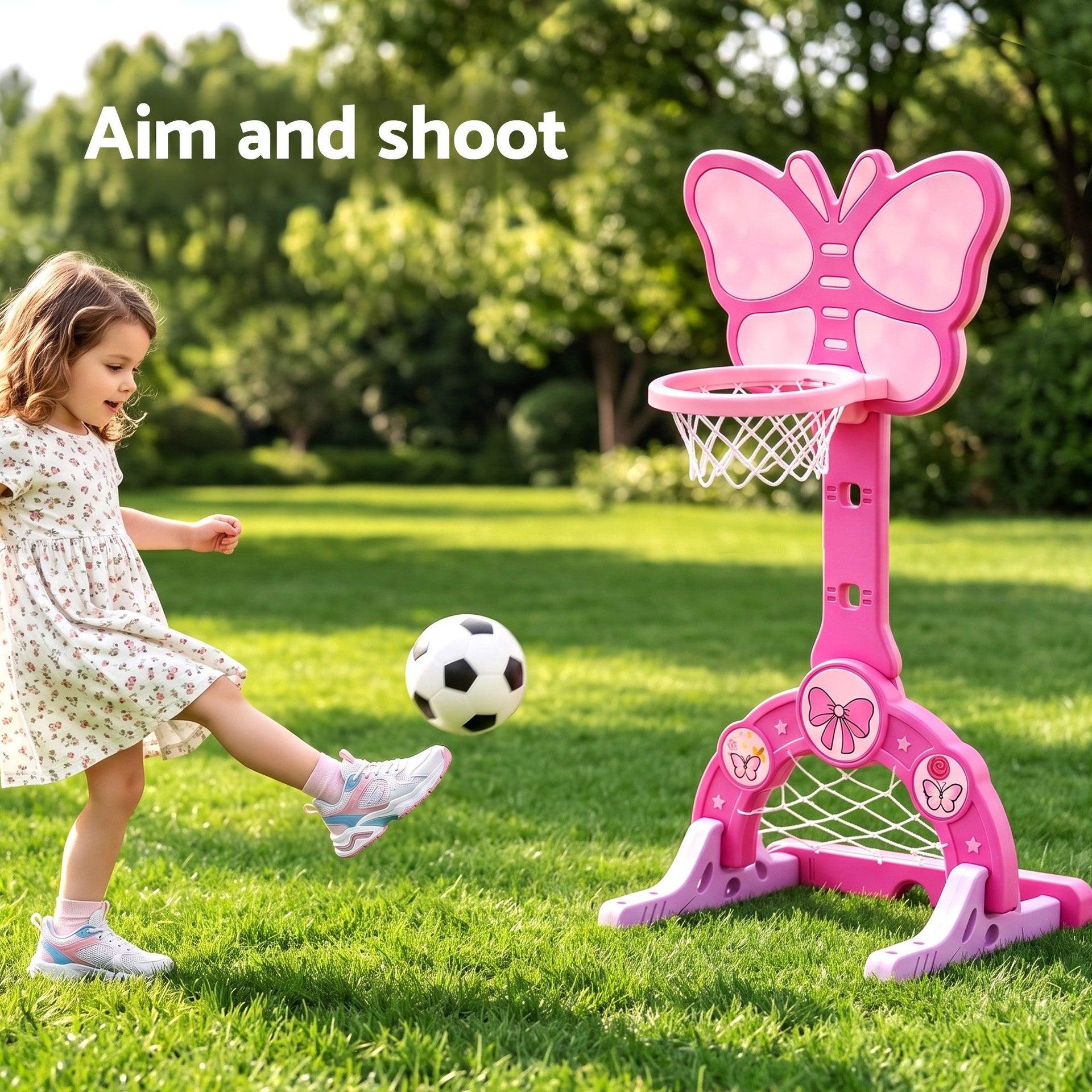 Keezi 3-in-1 Kids Basketball Hoop Soccer Goal Golf Game Set with Balls Pink Awezingly