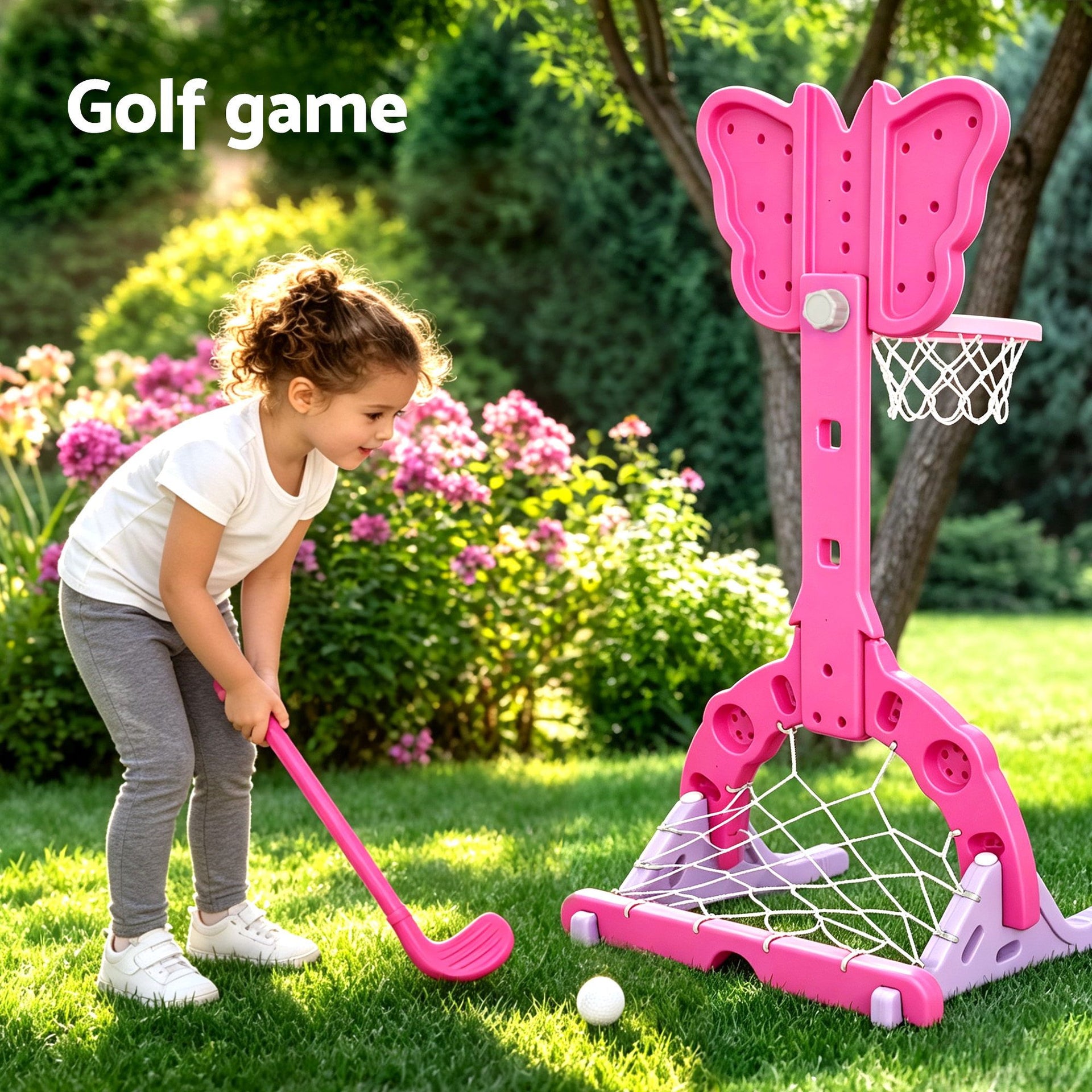 Keezi 3-in-1 Kids Basketball Hoop Soccer Goal Golf Game Set with Balls Pink Awezingly