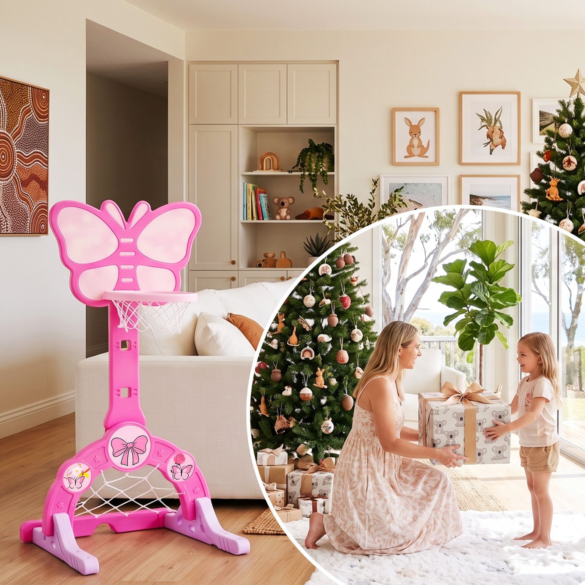 Keezi 3-in-1 Kids Basketball Hoop Soccer Goal Golf Game Set with Balls Pink Awezingly