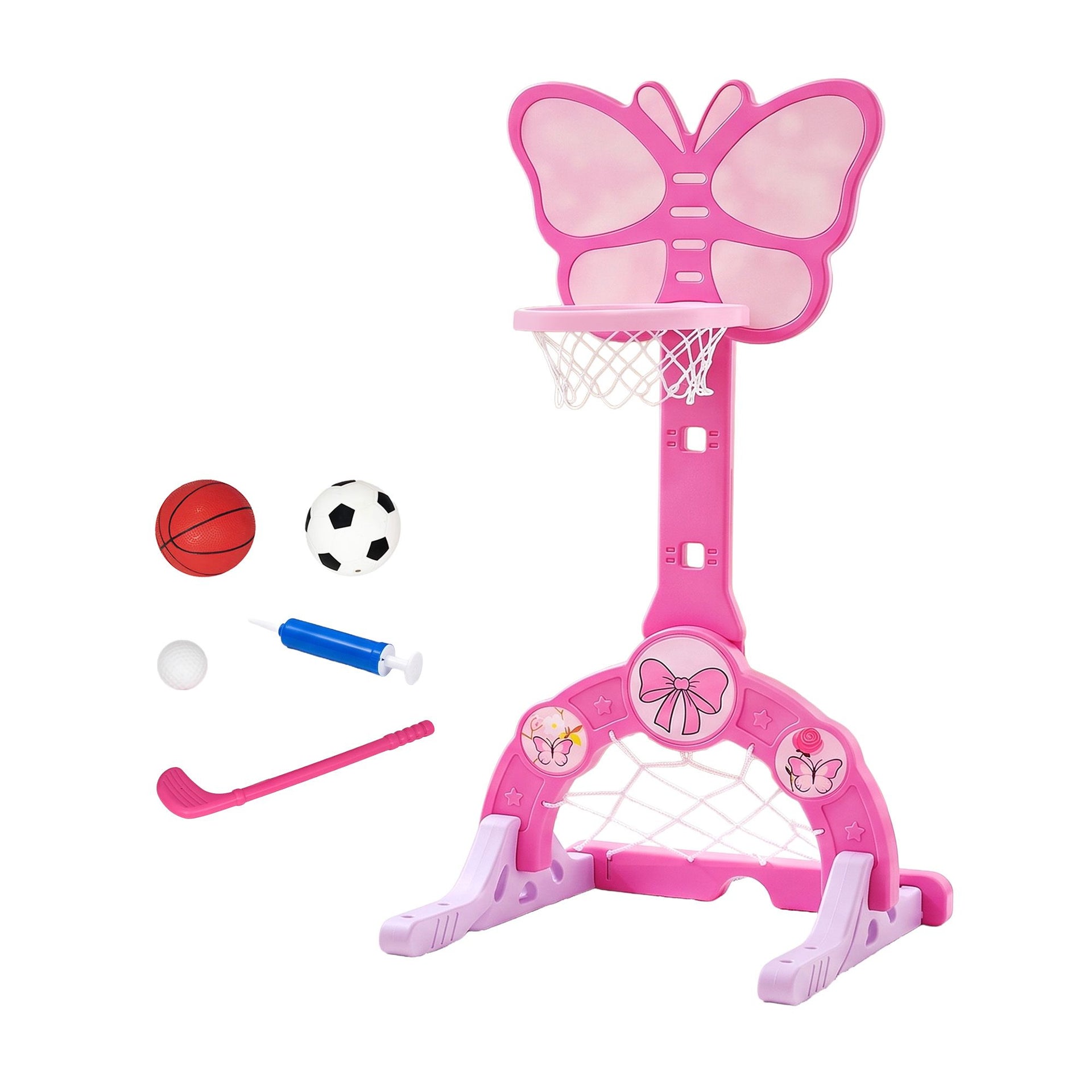 Keezi 3-in-1 Kids Basketball Hoop Soccer Goal Golf Game Set with Balls Pink Awezingly