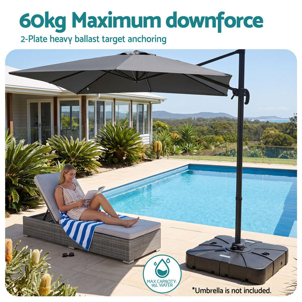 Instahut Outdoor Umbrella Base 2 Fillable 60kg Cantilever Umbrella Base with Wheels 84cm Awezingly