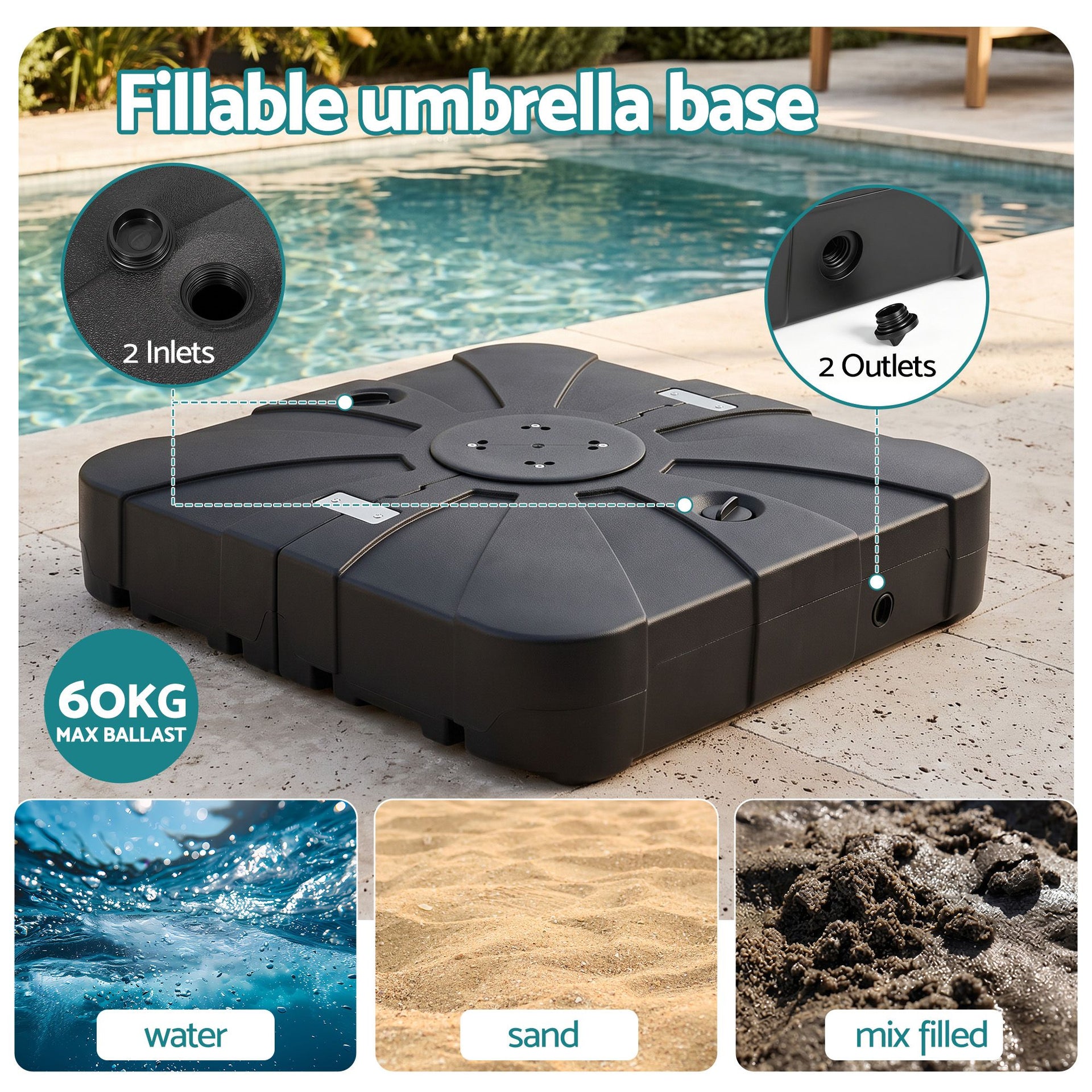 Instahut Outdoor Umbrella Base 2 Fillable 60kg Cantilever Umbrella Base with Wheels 84cm Awezingly