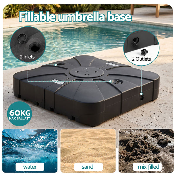 Instahut Outdoor Umbrella Base 2 Fillable 60kg Cantilever Umbrella Base with Wheels 84cm Awezingly