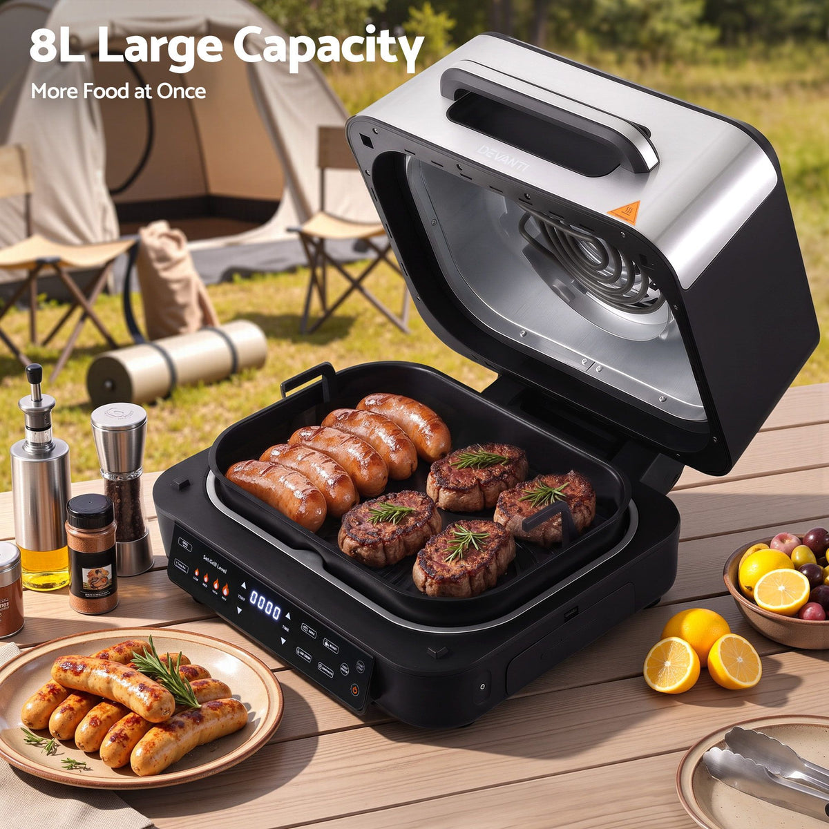 Devanti 5-in-1 Electric BBQ Grill Air Fryer, 2200W 8L Smart Thermometer Awezingly