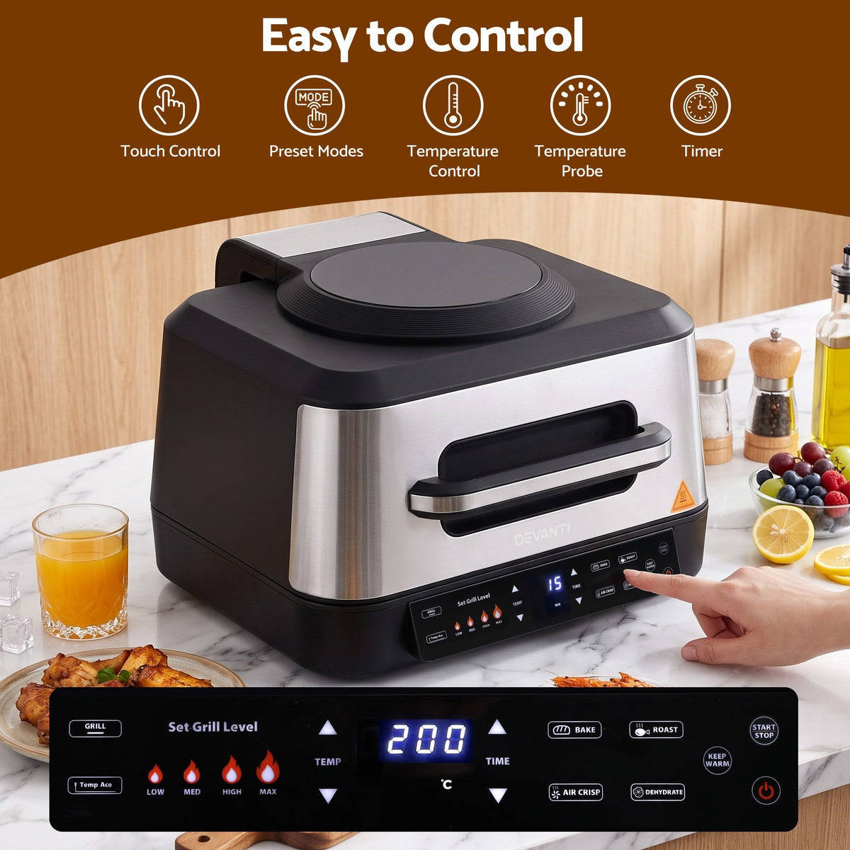 Devanti 5-in-1 Electric BBQ Grill Air Fryer, 2200W 8L Smart Thermometer Awezingly