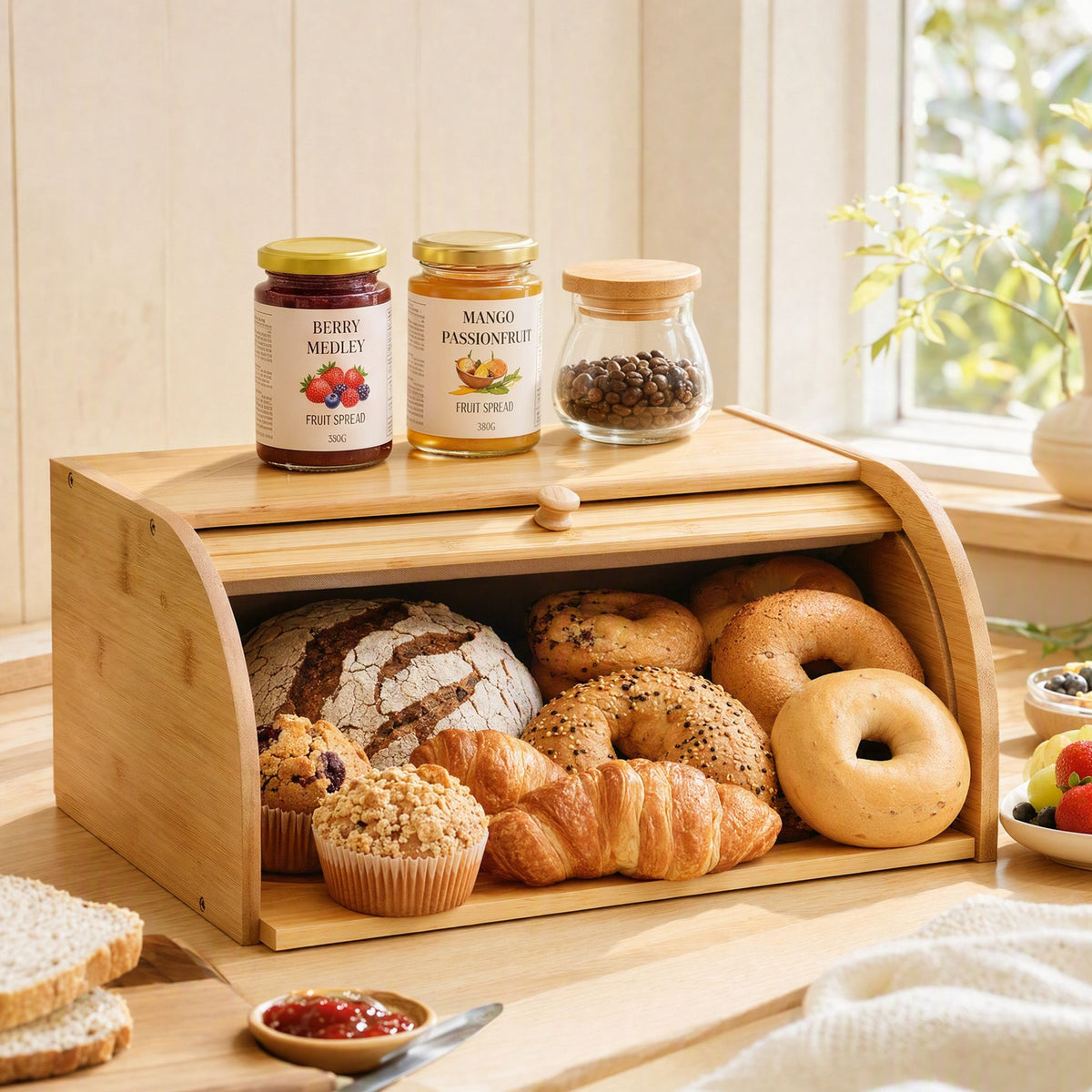 Artiss Bamboo Bread Box Bin Roll Top Kitchen Countertop Storage 45cm Natural Awezingly