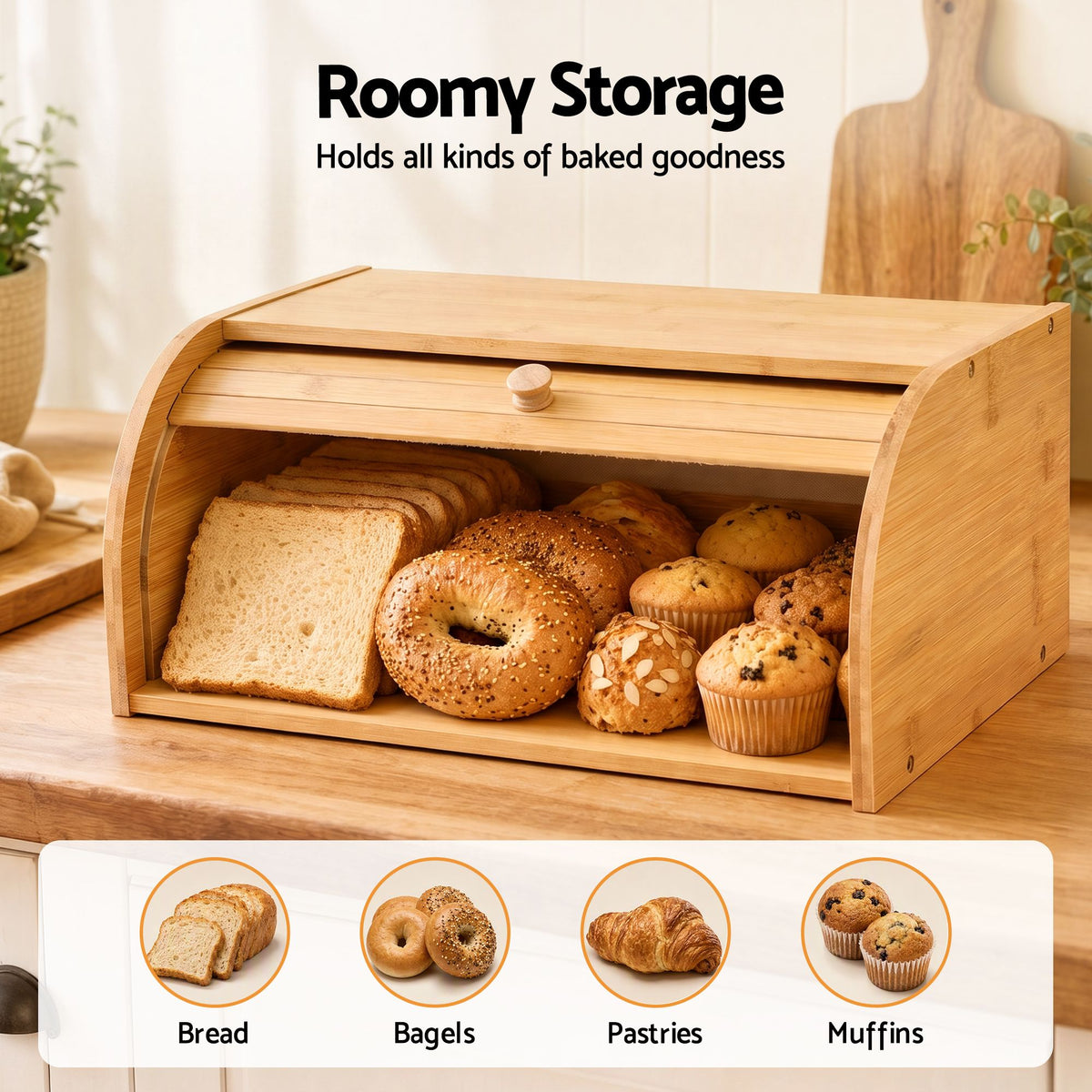 Artiss Bamboo Bread Box Bin Roll Top Kitchen Countertop Storage 45cm Natural Awezingly