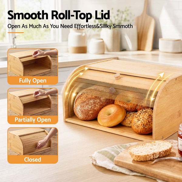 Artiss Bamboo Bread Box Bin Roll Top Kitchen Countertop Storage 45cm Natural Awezingly