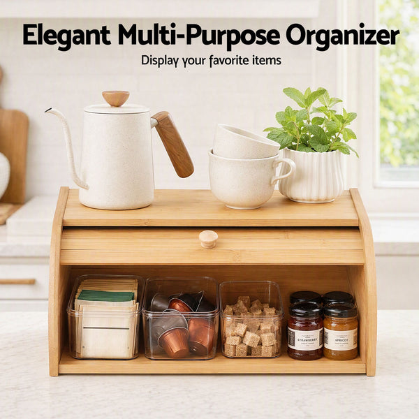 Artiss Bamboo Bread Box Bin Roll Top Kitchen Countertop Storage 45cm Natural Awezingly
