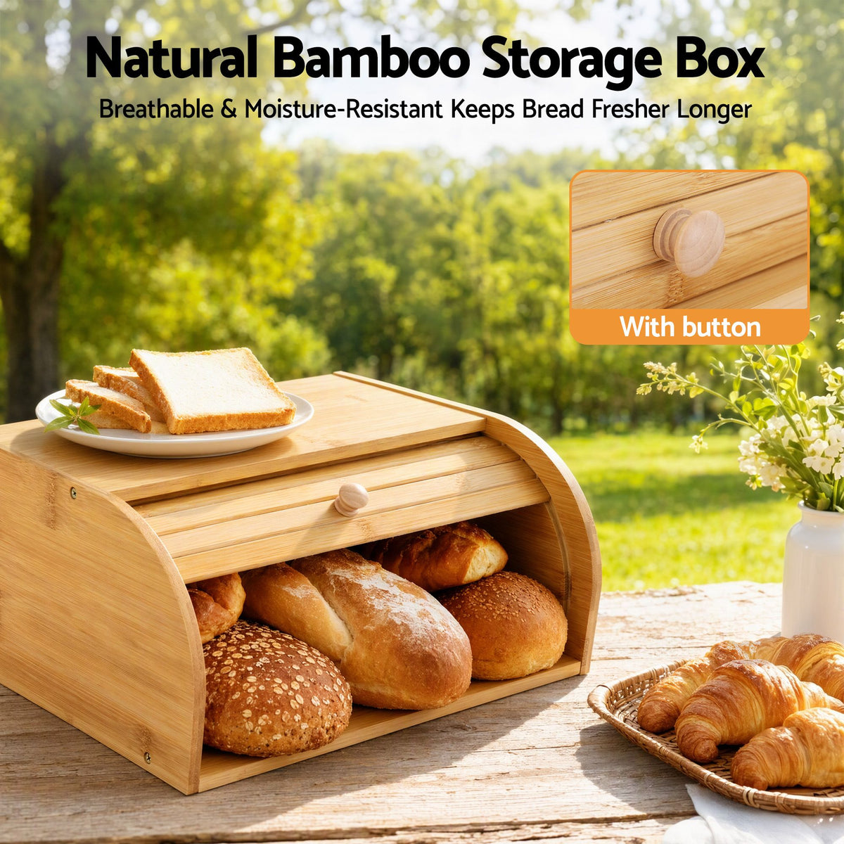 Artiss Bamboo Bread Box Bin Roll Top Kitchen Countertop Storage 45cm Natural Awezingly