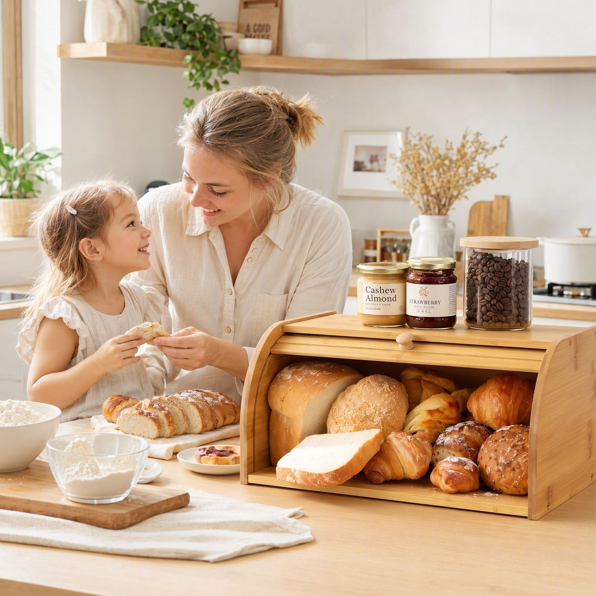 Artiss Bamboo Bread Box Bin Roll Top Kitchen Countertop Storage 45cm Natural Awezingly