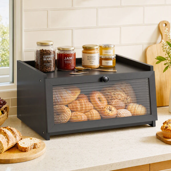 Artiss Bamboo Bread Box Kitchen Countertop Storage Clear Window Shelf 40cm Black Awezingly