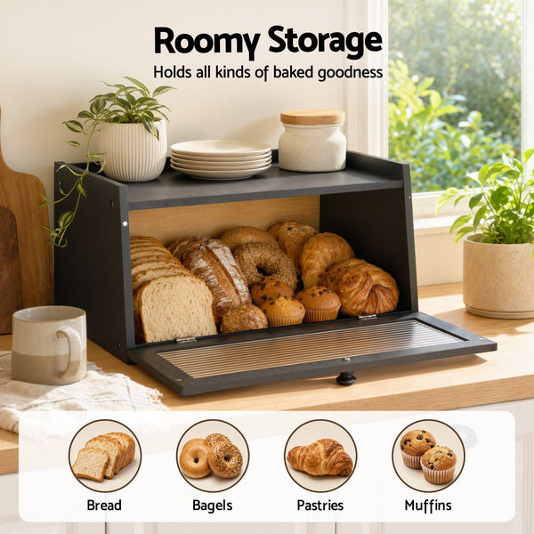 Artiss Bamboo Bread Box Kitchen Countertop Storage Clear Window Shelf 40cm Black Awezingly