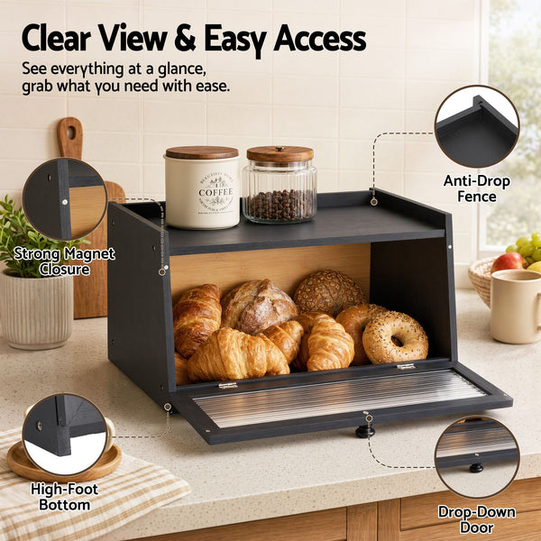 Artiss Bamboo Bread Box Kitchen Countertop Storage Clear Window Shelf 40cm Black Awezingly