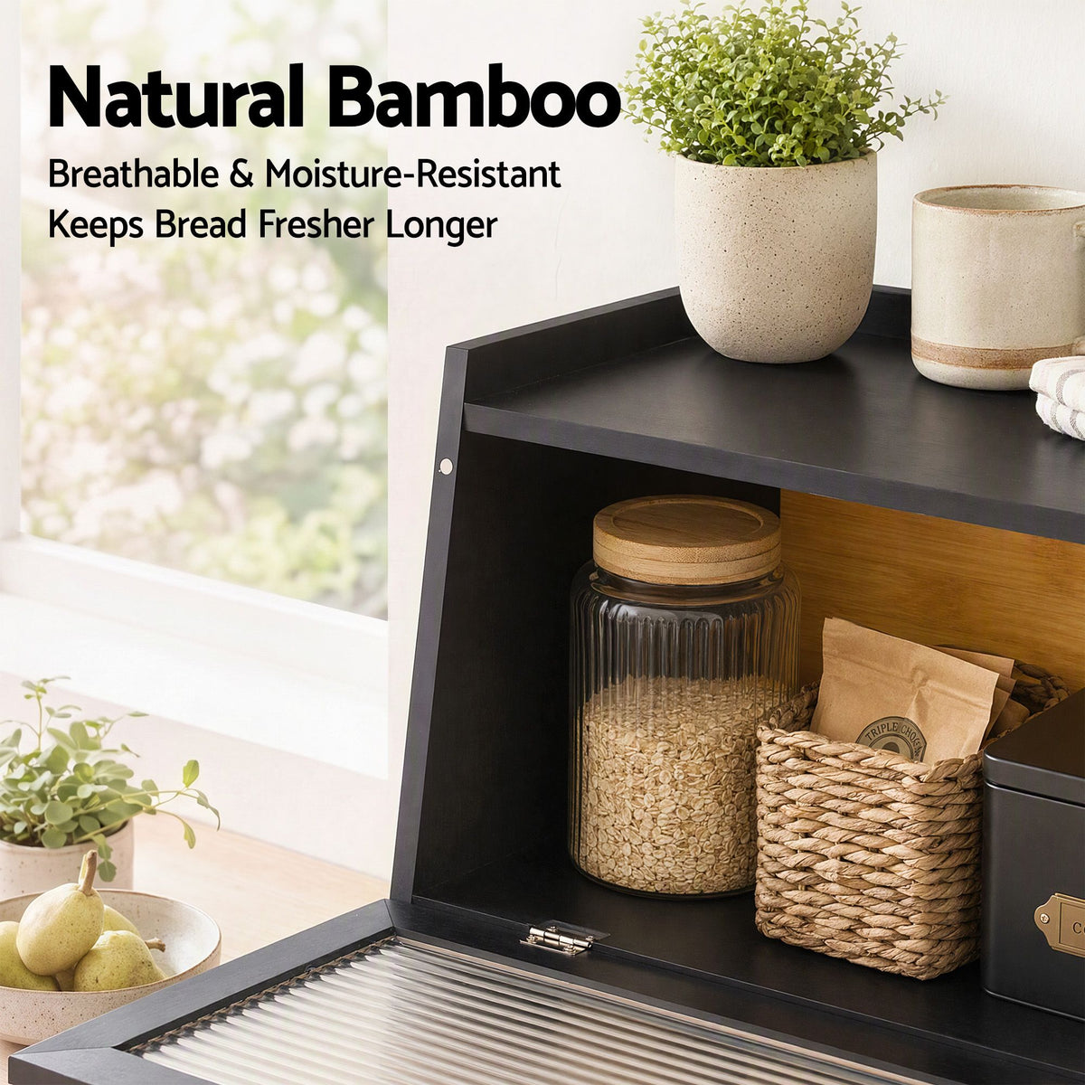 Artiss Bamboo Bread Box Kitchen Countertop Storage Clear Window Shelf 40cm Black Awezingly