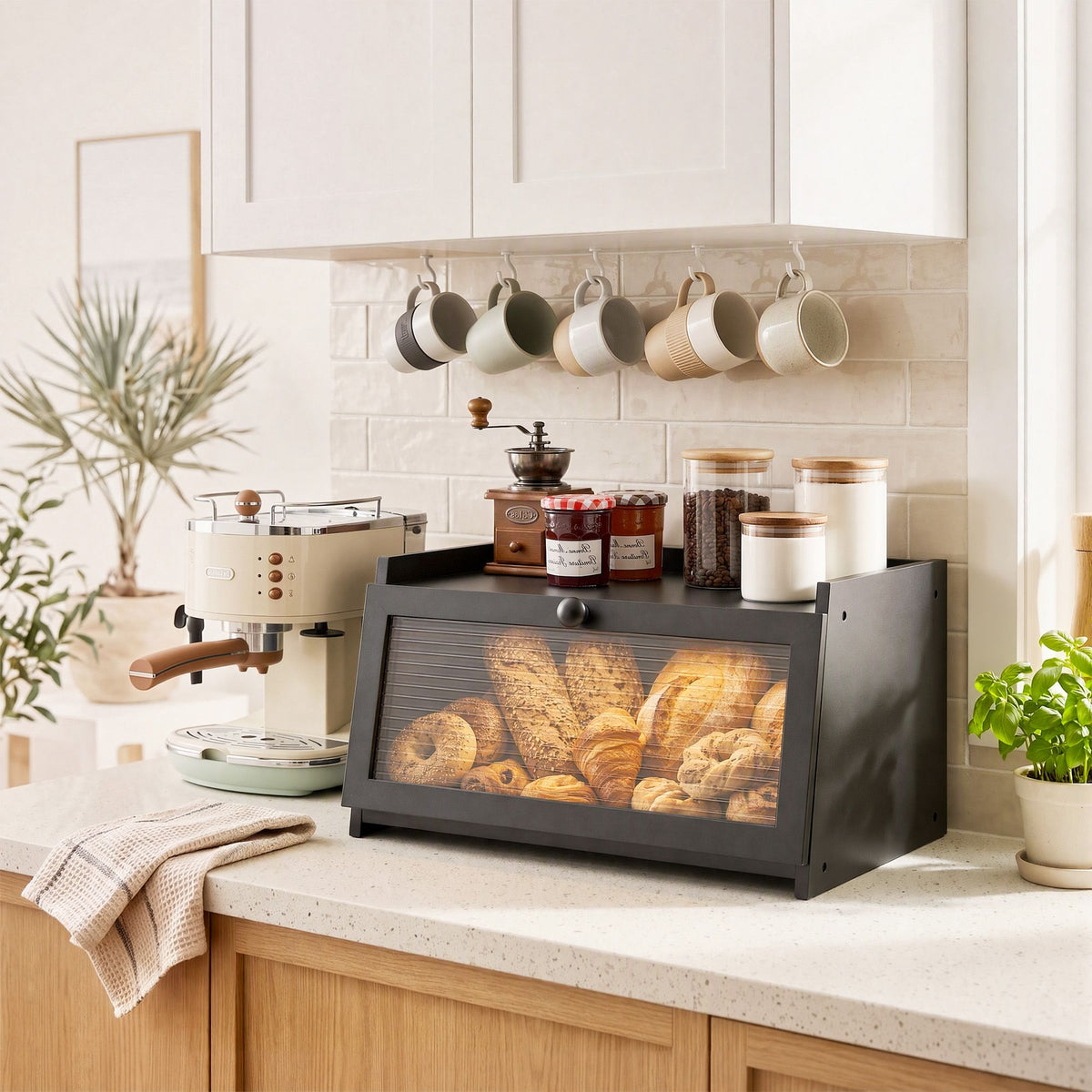 Artiss Bamboo Bread Box Kitchen Countertop Storage Clear Window Shelf 40cm Black Awezingly