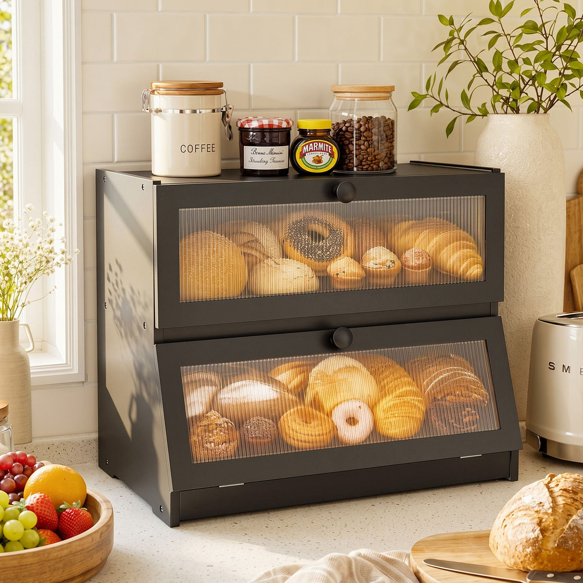 Artiss Bamboo Bread Box 2-Tier Kitchen Countertop Storage 40cm Black Awezingly